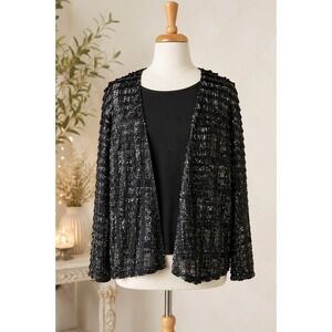 Black Silver Sequin Sparkly Textured Open Front Jacket Evening Shrug Size L